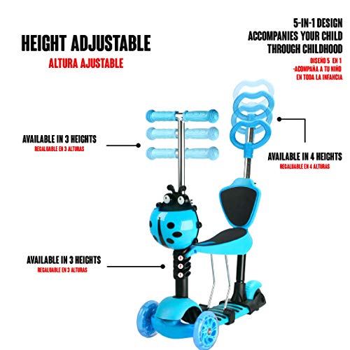 Calma Dragon JC210, Patinete para Niños, Scooter con 3 Ruedas, 5 en 1, con Asiento extraíble, Manillar, Mango de Empuje, Altura Ajustable, Monopatín para niños de 1 a 9 años (Azul)