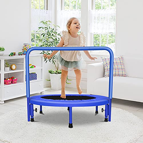 Cama Elástica Infantil Mini Trampolín Infantil Portátil con Pasamanos Ajustable y Cubierta de Seguridad Acolchada para Interiores y Exteriores, Color Azul