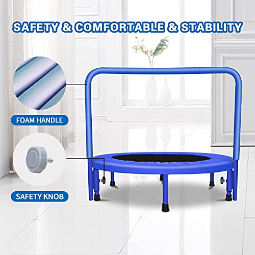 Cama Elástica Infantil Mini Trampolín Infantil Portátil con Pasamanos Ajustable y Cubierta de Seguridad Acolchada para Interiores y Exteriores, Color Azul