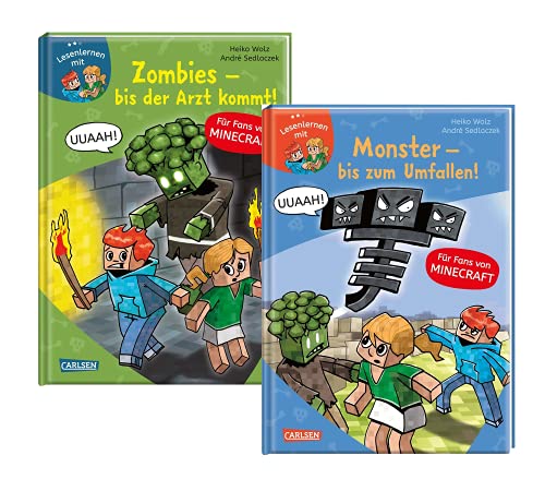 Carlsen Verlag Aprendizaje con diversión: Minecraft Band 1: Zombies, hasta que el médico llegue + Minecraft Band 2: Monstruos, hasta que se caiga, para fans de Minecraft a partir de 6 años.