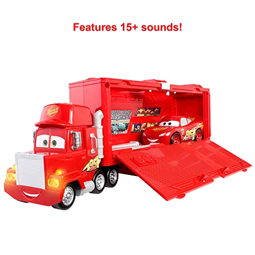 Cars Mack Camión parlanchín de transporte de coches de juguete con luces y sonidos, regalo para niños +3 años (Mattel GYG02)