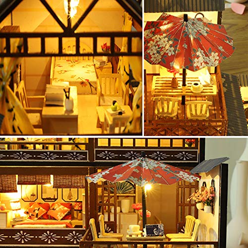 Casa de muñecas de estilo japonés en miniatura con muebles, casa de muñecas de madera DIY con luz LED, escala 1:24 para regalo de cumpleaños