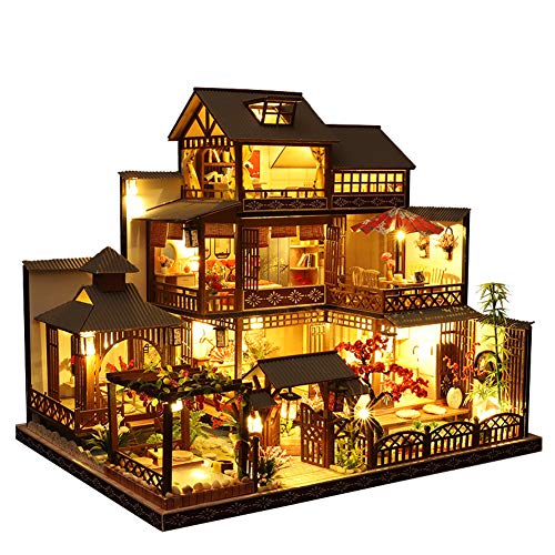 Casa de muñecas de estilo japonés en miniatura con muebles, casa de muñecas de madera DIY con luz LED, escala 1:24 para regalo de cumpleaños