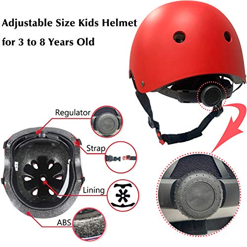 Casco Ajustable para niños y Equipo de protección, Cascos y Almohadillas para Bicicletas para niños pequeños, Rodilleras, Coderas y muñequeras (Red, M(8-13years Old))