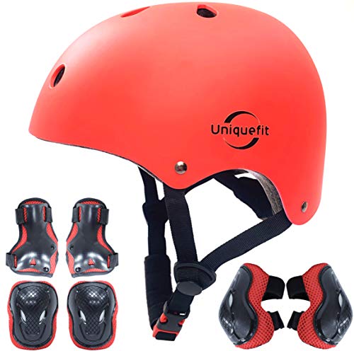 Casco Ajustable para niños y Equipo de protección, Cascos y Almohadillas para Bicicletas para niños pequeños, Rodilleras, Coderas y muñequeras (Red, M(8-13years Old))