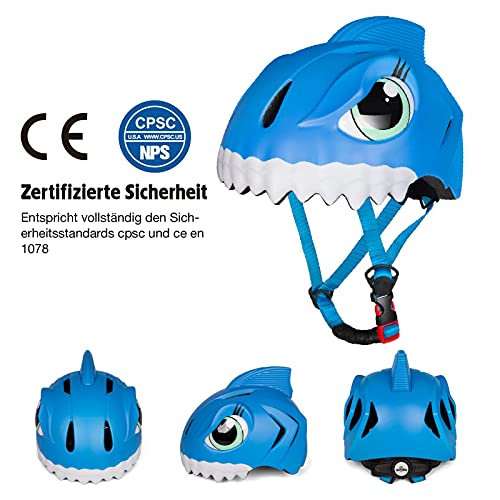 Casco de bicicleta infantil 3D Shark Animal para niños, niños y niñas, para bicicleta, scooter, monopatín y bicicleta, con certificado CE (49-55 cm) (azul)