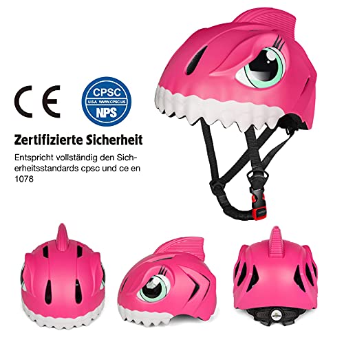 Casco de bicicleta infantil 3D Shark Animal para niños, niños y niñas, para bicicleta, scooter, monopatín y bicicleta, con certificado CE (49-55 cm) (rojo)