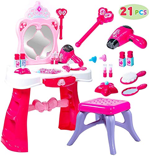 Centro de Belleza Mesa de Tocador Moderno Maquillaje Taburete con luces y sonidos 21PCS Juguetes Para Niñas de 2,3,4 años