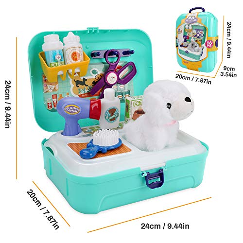 CestMall Juego de Cuidado de Mascotas Mascotas Juego de imaginación Juego de Juguetes con Mochila 16pcs Juguetes Maletín de peluquería Canina con Accesorios y Perrito para 3+ años niños