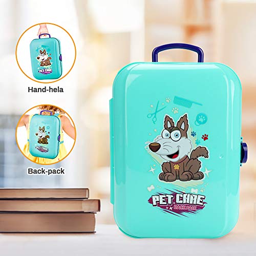 CestMall Juego de Cuidado de Mascotas Mascotas Juego de imaginación Juego de Juguetes con Mochila 16pcs Juguetes Maletín de peluquería Canina con Accesorios y Perrito para 3+ años niños