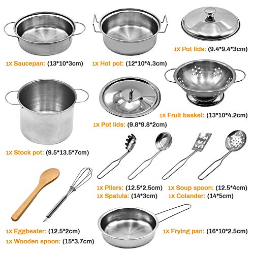 CestMall Juego de Utensilios de Cocina de simulación de simulación, Juguete Educativo de Juego de rol de Cocina, 18 ollas y sartenes de Acero Inoxidable, Utensilios de Cocina, Accesorios