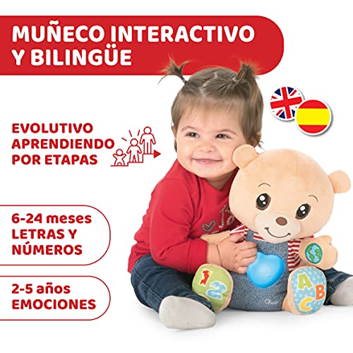 Chicco Osito Enseña Emociones, Peluche Interactivo Bilingüe, Oso de Peluche Educativo con Emociones, Números y Letras, Peluche para Bebés con Luces y Canciones – Juguetes para Niños 6 Meses a 5 Años