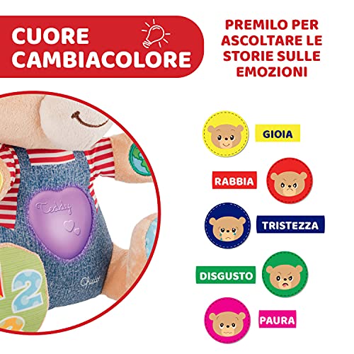 Chicco Osito Enseña Emociones, Peluche Interactivo Bilingüe, Oso de Peluche Educativo con Emociones, Números y Letras, Peluche para Bebés con Luces y Canciones – Juguetes para Niños 6 Meses a 5 Años