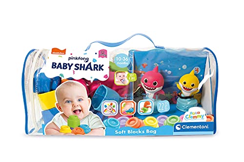 Clementoni-17428 - Bolsa Baby Shark - construcciones blanditas para bebé a partir de 6 meses