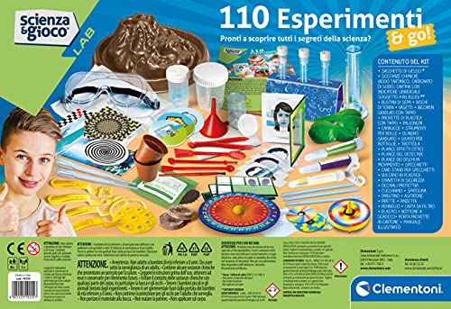 Clementoni Juego Lab-110 experimentos & Go Química, Kit de experimentos Ciencia, Laboratorio científico 8 años, Manual en Italiano, Multicolor, 19255