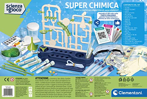 Clementoni Juego Lab-Extra Química, Kit de experimentos Ciencia, Laboratorio científico 8 años, Manual en Italiano, Multicolor, 19252