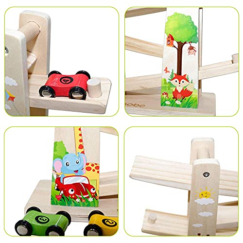 Coche de Pista de Madera | Haga Clic en Clark Race Car con 4 Coches | Coche de Juguete de rampa para Regalos de cumpleaños para niños (Forêt)