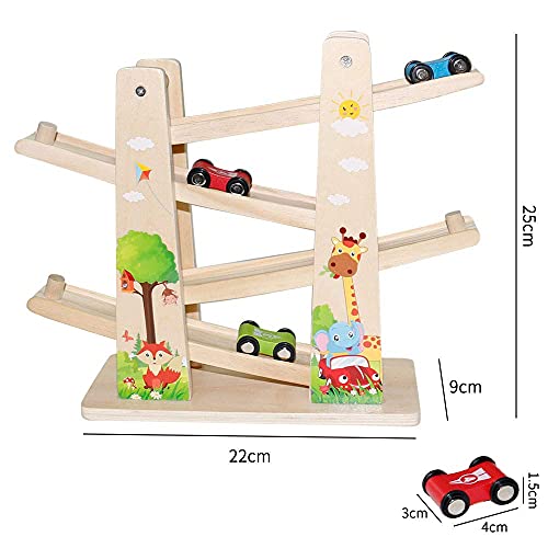 Coche de Pista de Madera | Haga Clic en Clark Race Car con 4 Coches | Coche de Juguete de rampa para Regalos de cumpleaños para niños (Forêt)