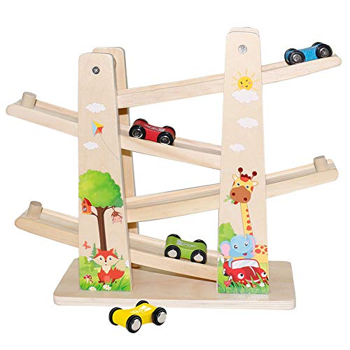 Coche de Pista de Madera | Haga Clic en Clark Race Car con 4 Coches | Coche de Juguete de rampa para Regalos de cumpleaños para niños (Forêt)