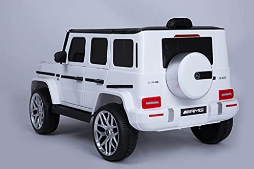 Coche eléctrico infantil Mercedes G63 AMG con mando a distancia, coche eléctrico para niños, asiento de piel y neumáticos EVA (color blanco)