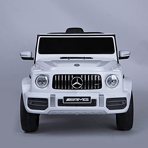 Coche eléctrico infantil Mercedes G63 AMG con mando a distancia, coche eléctrico para niños, asiento de piel y neumáticos EVA (color blanco)