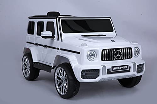 Coche eléctrico infantil Mercedes G63 AMG con mando a distancia, coche eléctrico para niños, asiento de piel y neumáticos EVA (color blanco)