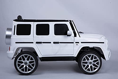 Coche eléctrico infantil Mercedes G63 AMG con mando a distancia, coche eléctrico para niños, asiento de piel y neumáticos EVA (color blanco)