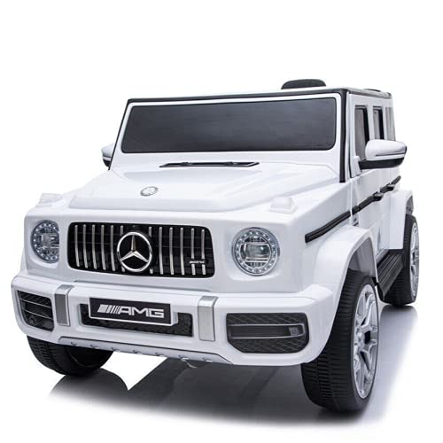 Coche eléctrico infantil Mercedes G63 AMG con mando a distancia, coche eléctrico para niños, asiento de piel y neumáticos EVA (color blanco)