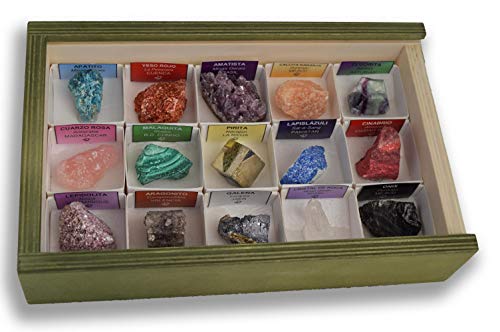 Colección de 15 Minerales del Mundo en Caja de Madera Natural - Minerales Reales educativos con Etiqueta informativa a Color. Kit de Ciencia de Geología para niños.