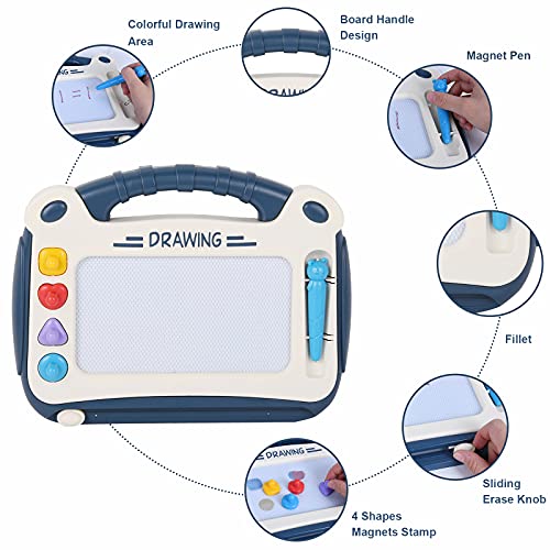 Colmanda Pizarra Magnética para Niños, Escritura Magnética Doodle Sketch, Almohadilla Borrable de Escritura y Dibujo con 4 Sellos, Juguete Educativo para Niños a partir de 3 Años (azul)
