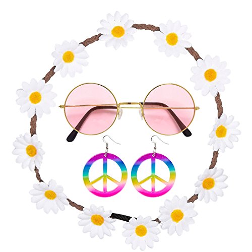 con Banda del Pelo, Pendientes y Gafas Set Disfraz Hippie Outfit años 60 Accesorio Moda Mujer Complemento Cabello Flower Power Accesorio Disfraz sesentero