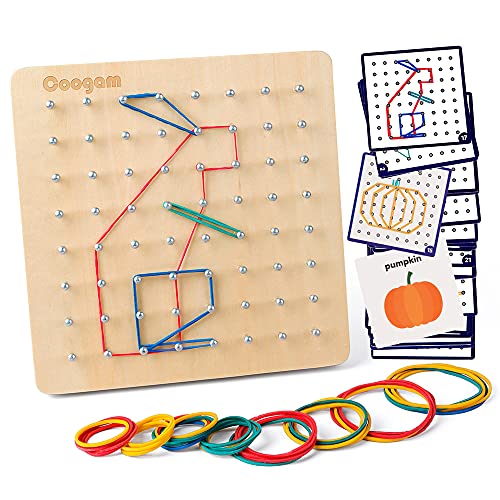 Coogam Geoboard de Madera con Tarjetas de Actividad y Bandas de Goma - 8x8 Geometría Geoboard Montessori Rompecabezas de Formas Inspire la Imaginación y Creatividad de Los Niños