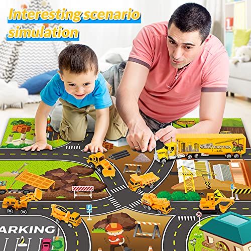 COOJOMMY 7 Coches de Juguetes con Mapa y Señales de Tráfico, Camión de Juguetes para Niños, Vehículos de Construcción, Regalo para 3 4 5 6 Años