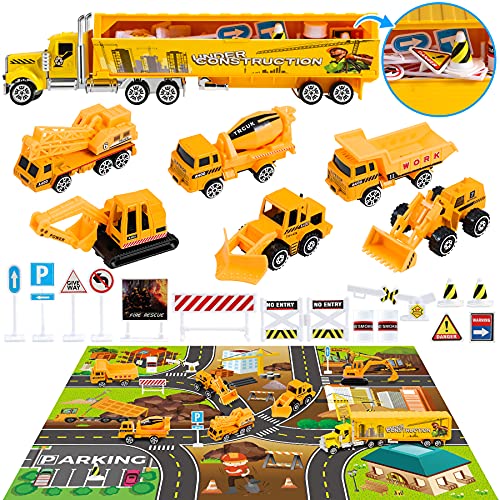 COOJOMMY 7 Coches de Juguetes con Mapa y Señales de Tráfico, Camión de Juguetes para Niños, Vehículos de Construcción, Regalo para 3 4 5 6 Años