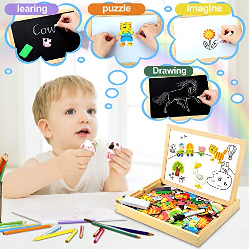 COOLJOY 100 PCS Puzzles de Madera Magnético, Puzzles Rompecabezas Magnéticos de Madera, Tablero de Dibujo de Doble Cara Juguete Educativo para Niños Niñas Mayores de 3 Años con Funda de Tiza