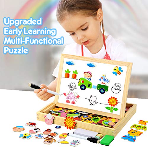 COOLJOY 100 PCS Puzzles de Madera Magnético, Puzzles Rompecabezas Magnéticos de Madera, Tablero de Dibujo de Doble Cara Juguete Educativo para Niños Niñas Mayores de 3 Años con Funda de Tiza