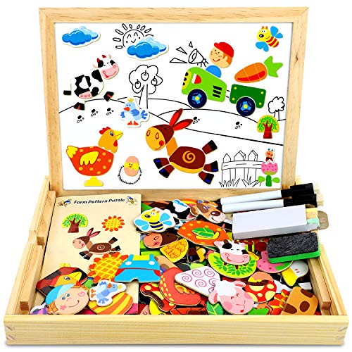 COOLJOY 100 PCS Puzzles de Madera Magnético, Puzzles Rompecabezas Magnéticos de Madera, Tablero de Dibujo de Doble Cara Juguete Educativo para Niños Niñas Mayores de 3 Años con Funda de Tiza