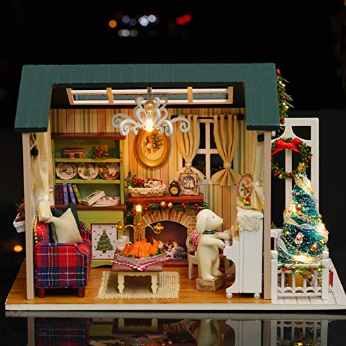 Cornesty Kit de Casa de Muñecas en Miniatura de Navidad DIY Kit de Sala de Casa de Madera 3D Realista Mini con Muebles Luces LED Decoración de Navidad del Día del Niño