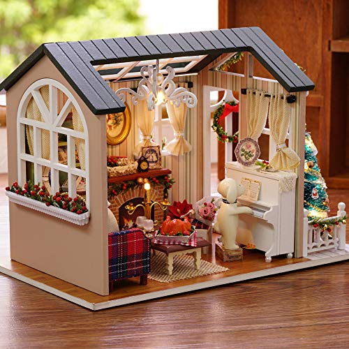 Cornesty Kit de Casa de Muñecas en Miniatura de Navidad DIY Kit de Sala de Casa de Madera 3D Realista Mini con Muebles Luces LED Decoración de Navidad del Día del Niño