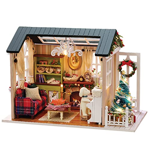 Cornesty Kit de Casa de Muñecas en Miniatura de Navidad DIY Kit de Sala de Casa de Madera 3D Realista Mini con Muebles Luces LED Decoración de Navidad del Día del Niño