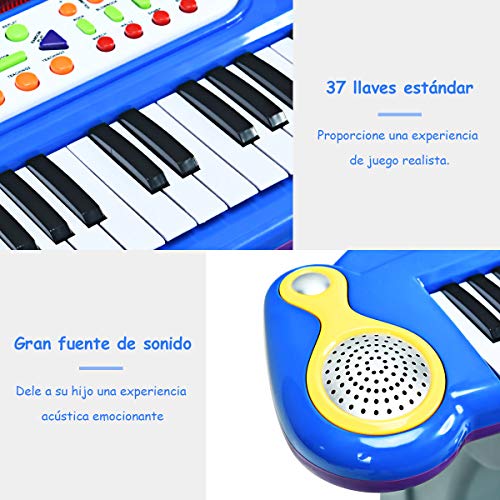 COSTWAY Teclado de Piano de 37 Teclas para Niños Piano Juguete Electrónico con Taburete,Soporte,Luces,Función de Grabación y Reproducción, Incluido Micrófono (Azul)