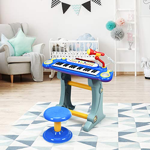 COSTWAY Teclado de Piano de 37 Teclas para Niños Piano Juguete Electrónico con Taburete,Soporte,Luces,Función de Grabación y Reproducción, Incluido Micrófono (Azul)