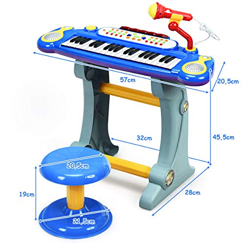 COSTWAY Teclado de Piano de 37 Teclas para Niños Piano Juguete Electrónico con Taburete,Soporte,Luces,Función de Grabación y Reproducción, Incluido Micrófono (Azul)