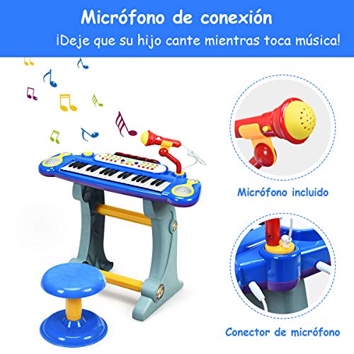 COSTWAY Teclado de Piano de 37 Teclas para Niños Piano Juguete Electrónico con Taburete,Soporte,Luces,Función de Grabación y Reproducción, Incluido Micrófono (Azul)