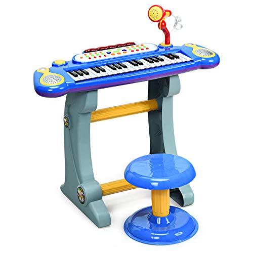 COSTWAY Teclado de Piano de 37 Teclas para Niños Piano Juguete Electrónico con Taburete,Soporte,Luces,Función de Grabación y Reproducción, Incluido Micrófono (Azul)