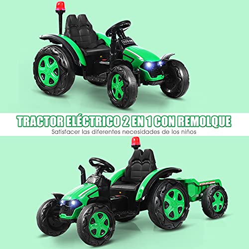 COSTWAY Tractor Eléctrico 12 V 7 AH para Niños con Remolque, Tractor Juguete para Niños 3-8 años, Mando 2,4 G y Arnés de Seguridad de 2 Puntos, Faros, Música, Bocina, MP3,USB (Verde)