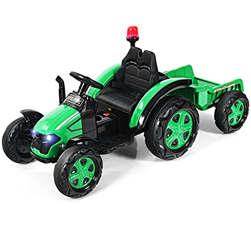 COSTWAY Tractor Eléctrico 12 V 7 AH para Niños con Remolque, Tractor Juguete para Niños 3-8 años, Mando 2,4 G y Arnés de Seguridad de 2 Puntos, Faros, Música, Bocina, MP3,USB (Verde)