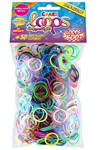 CRAZE Loops 600er Knüpfringe Bunt Silikonringe Armband Silikon Bänder Gummi Mega US-Trend 50973 50973-Anillos de Silicona para Pulsera (600 Unidades), Multicolor, Mezcla de Colores