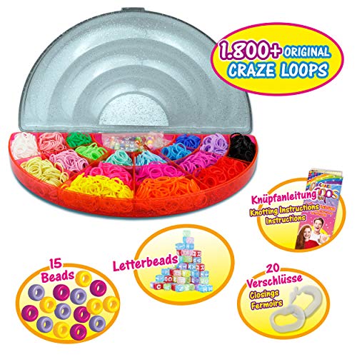 CRAZE Loops Mega Rainbow 1800+ Box Letter Beads Knüpfringe INKL. Perlen ALU Häkelnadel und viel Zubehör 20845 Anillos para Nudos (Incluye Perlas de Aluminio y Muchos Accesorios), Color carbón