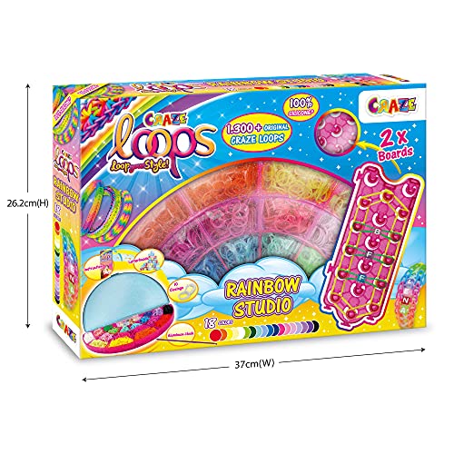 CRAZE Rainbow Studio 32831 - Juego Completo de Anillos de Silicona para Hacer Ganchillo y Pulsera en Caja de Almacenamiento, diseño de arcoíris